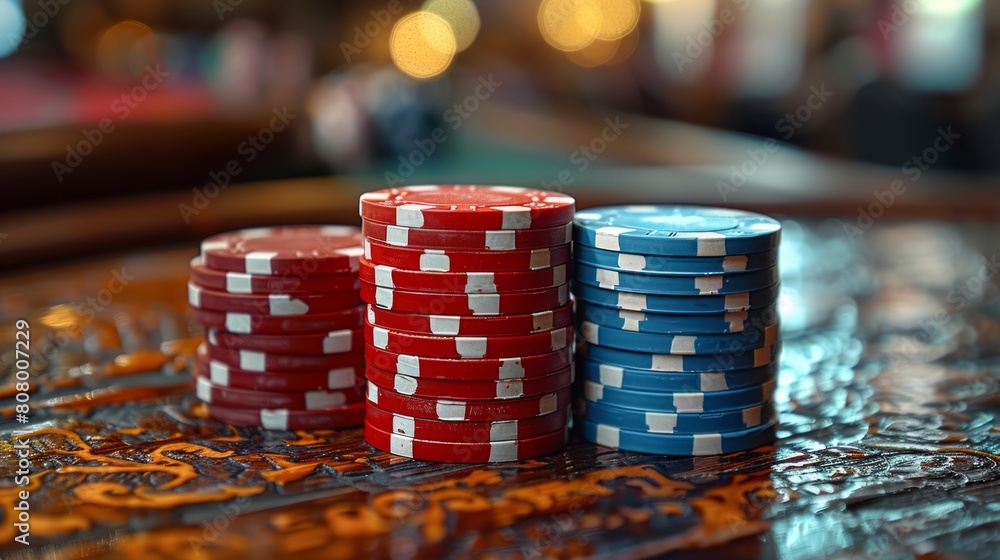 Stacks of poker chips on a decorated table Stacks of poker chips on a decorated table