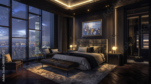 A penthouse bedroom that balances dark, atmospheric design with luxurious comfort, featuring a statement headboard, sophisticated art pieces, 