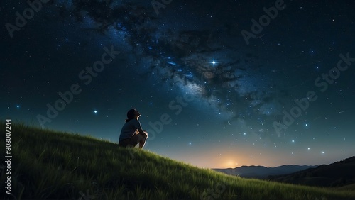 Man sitting on the grass and watching the milky way at night