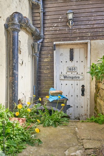 Weeds growing in a rustic path by an old door