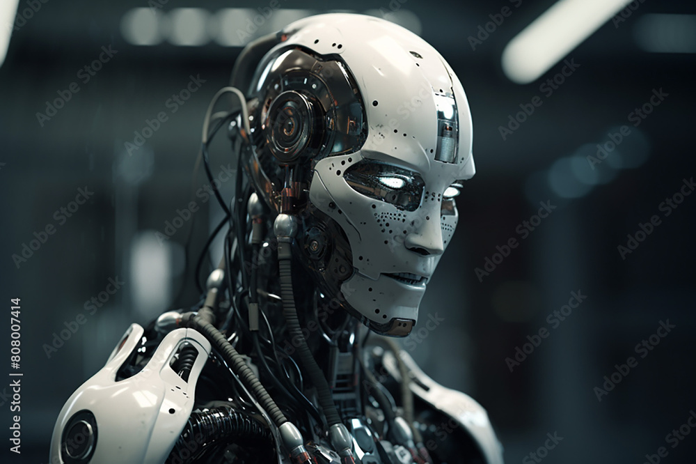 The image showcases a highly detailed and complex robot or android. The machine’s head and upper torso are visible, revealing intricate wiring