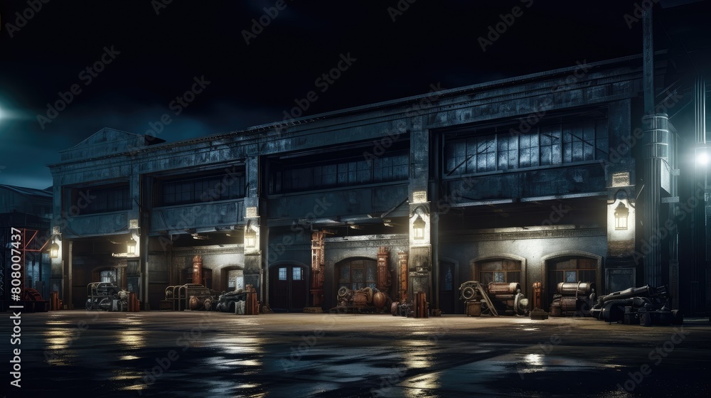 Industrial Warehouse Exterior at Night with Lights Industrial Warehouse Exterior at Night with Lights