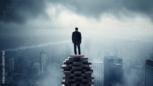 Businessman Overlooking Cityscape from Staircase Summit