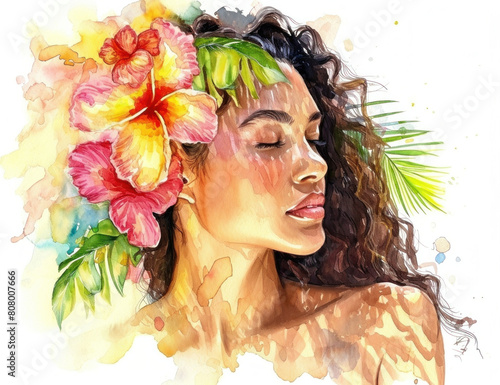 Watercolor painting of a serene woman adorned with delicate flowers in her flowing hair and ethereal beauty