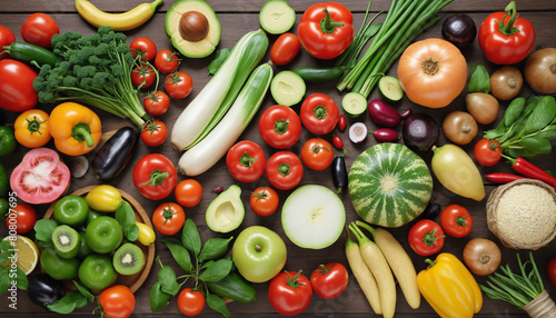 An abundance of fresh  organic fruits and vegetables from the garden displayed on a wooden table  promoting a healthy and nutritious diet 