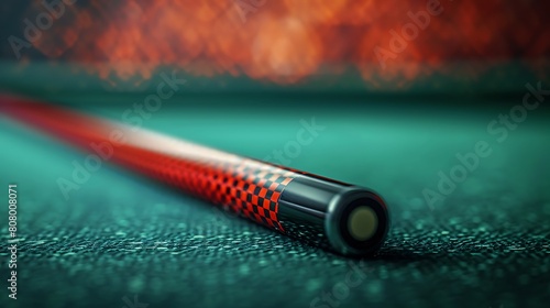 A closeup of Billiards Cue stick, against Table as background, hyperrealistic sports accessory photography, copy space photo