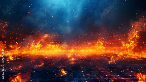 Dramatic Futuristic Digital Arena with Explosive Fire and Glowing Illumination