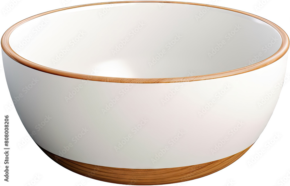**Assistant**
The image shows a white ceramic bowl with a brown rim. The bowl is empty and sitting on a white background. **Assistant**
The image shows a white ceramic bowl with a brown rim. The bowl is empty and sitting on a white background.
