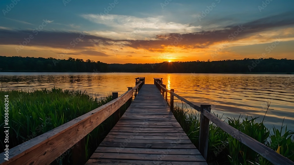 Wooden pier on a lake at sunset. Beautiful summer landscape.