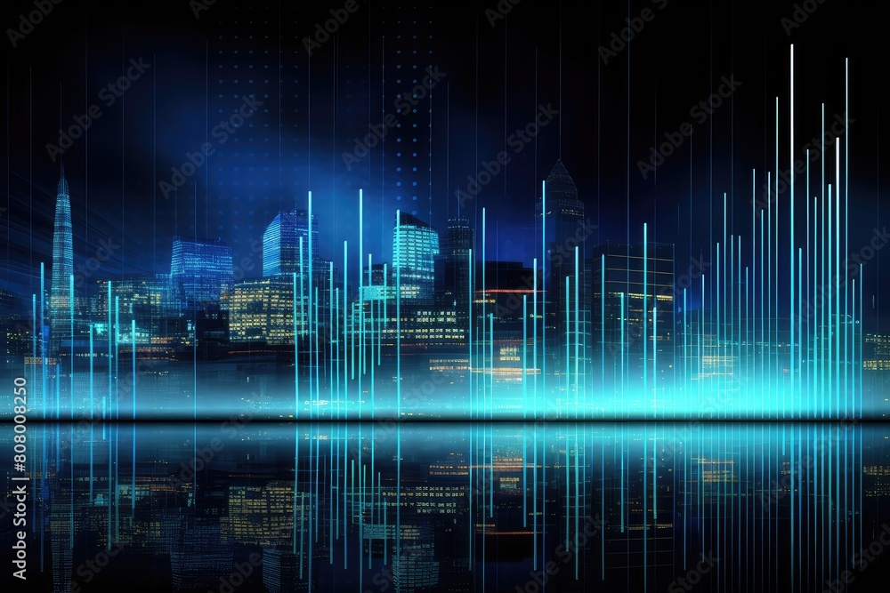 Futuristic Cityscape with Digital Sound Waves Effect Futuristic Cityscape with Digital Sound Waves Effect