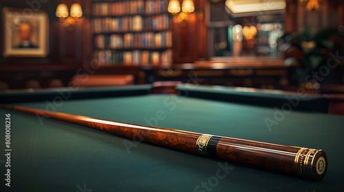 A closeup of Billiards Cue stick, against Table as background, hyperrealistic sports accessory photography, copy space