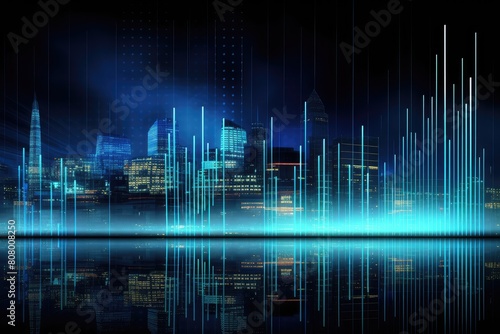 Futuristic Cityscape with Digital Sound Waves Effect