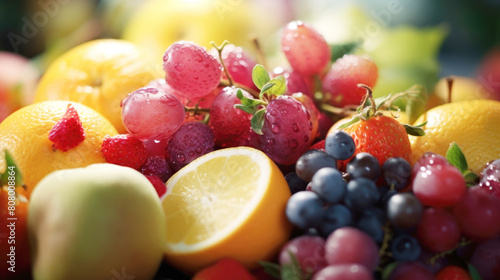 Assorted summer fruits  grapes  apples  and citrus  natural sunlight background