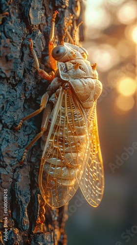 Cicada shell clinging to bark, past life, summer end. photo