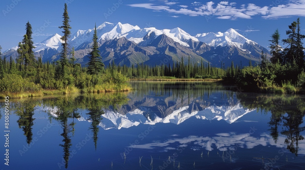 A mountain range is reflected in a lake surrounded by trees, AI