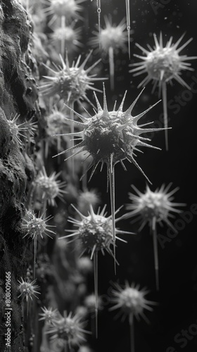 Detailed electron microscopy image of bacteriophages attacking a bacterial cell  in stark black and white.