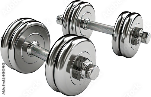 A pair of shiny metal dumbbells on a black background.