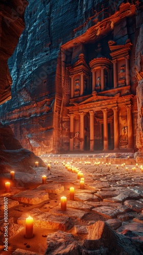 Discovering the ancient city of Petra by night, candle-lit paths, archaeological wonder.