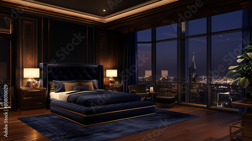 A penthouse bedroom where luxury meets the night, featuring a grand upholstered bed in a deep navy hue, complemented by dark, rich woods and a subtle glow from hidden LED lighting.