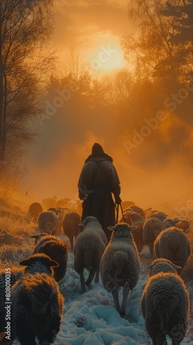 Early morning sheep herding in misty fields, border collie in action, shepherd watching.