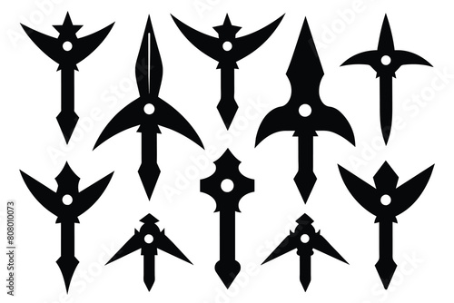 Set of Kunai Blade Icon, Ninja Weapons black Silhouette Design with white Background and Vector Illustration photo