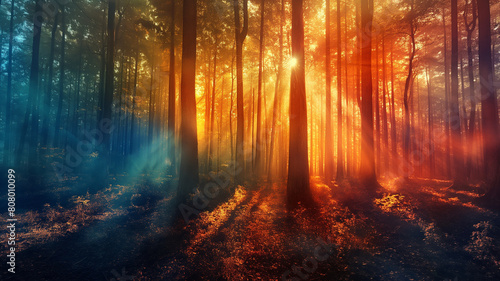 A forest with trees and sunlight shining through the leaves