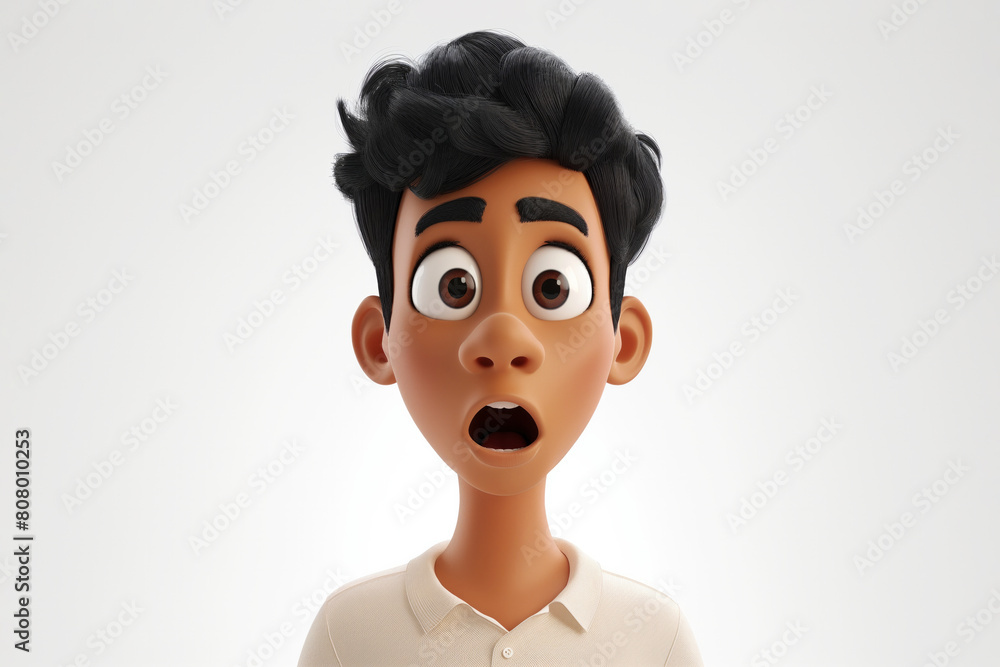 Surprised shocked scared Indian cartoon character young adult man boy teen guy person portrait in 3d style design on white background. Human people feelings expression concept Surprised shocked scared Indian cartoon character young adult man boy teen guy person portrait in 3d style design on white background. Human people feelings expression concept