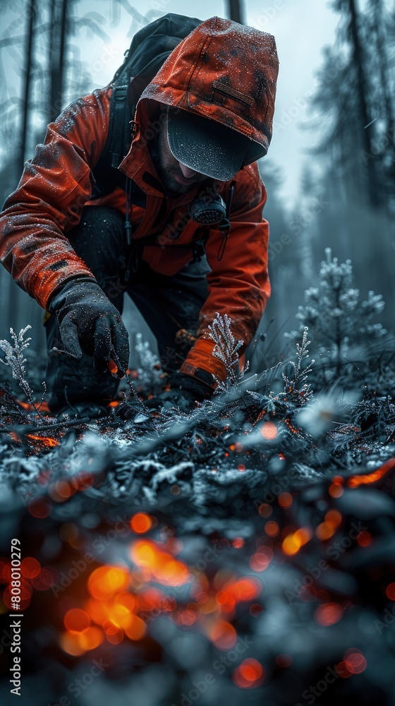 Environmentalist measuring the recovery of vegetation after a forest fire. Environmentalist measuring the recovery of vegetation after a forest fire.