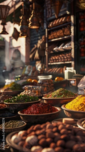 Exploring the food stalls of Marrakech, spices, tagines, vibrant medina, Moroccan cuisine.
