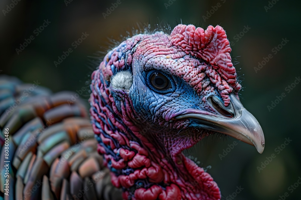 A turkeys wrinkled red wattle its bright blue snood glistening with moisture, close up photo A turkeys wrinkled red wattle its bright blue snood glistening with moisture, close up photo