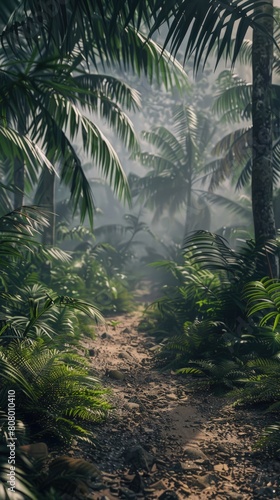 First person view of walking through a misty jungle path in a reserve  immersive experience.