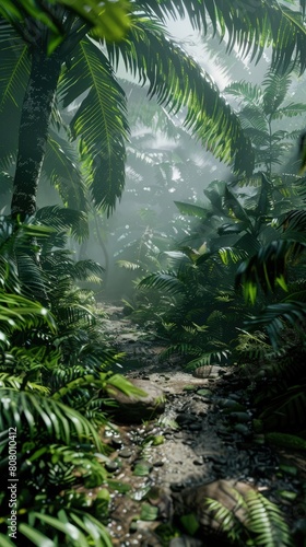 First person view of walking through a misty jungle path in a reserve, immersive experience.