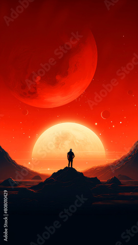 Backlit figure of an astronaut facing a giant crimson planet in a celestial scene. Futuristic fantasy concept