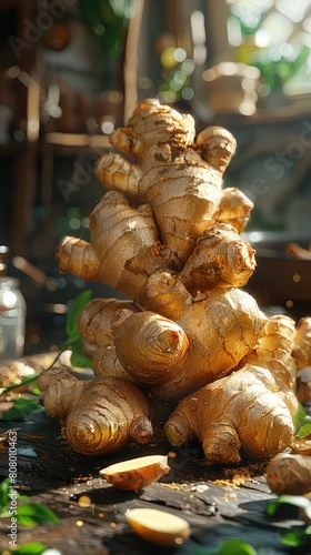Fresh ginger root, knobby and fresh, on a chopping block.