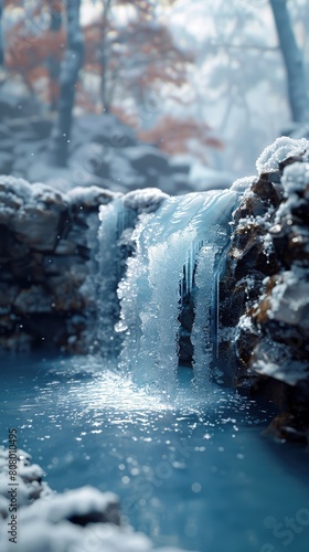 Frozen waterfall on a glacier, nature's sculpture crafted by extreme cold.