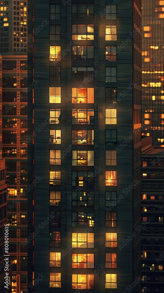 Glowing windows of a high-rise, each telling a different story – Lives in light. Glowing windows of a high-rise, each telling a different story – Lives in light.
