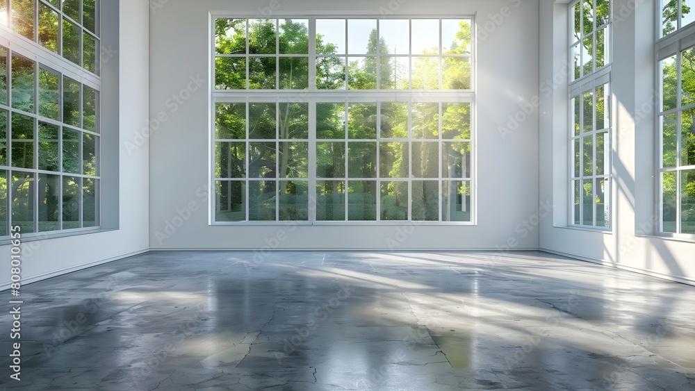 Obraz premium A Room with Tall Windows, White Walls, and a Concrete Floor. Concept Interior Design, Minimalist Decor, Industrial Style