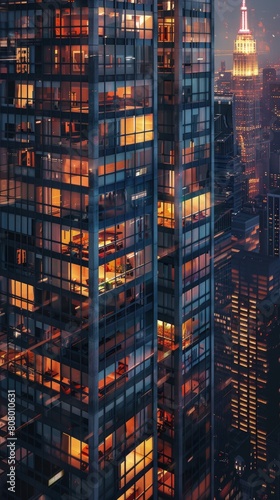 Glowing windows of a high-rise, each telling a different story â€“ Lives in light.