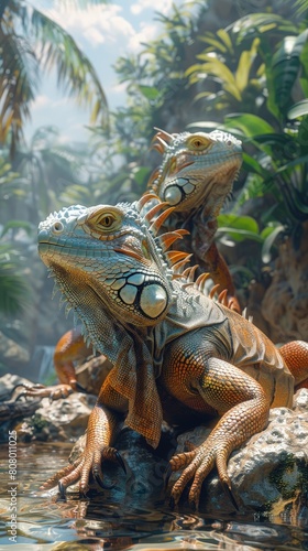 Iguanas basking on rocks  sunlit  prehistoric look.