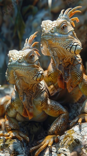 Iguanas basking on rocks  sunlit  prehistoric look.