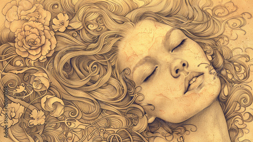 Drawing of Woman with Flowing Hair in Art Nouveau Style