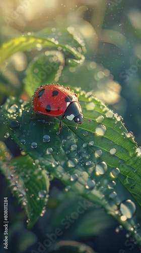 Ladybug on a dew-covered leaf, macro shot, morning light.