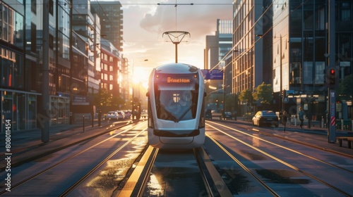 A modern tram system gliding through an urban landscape, promoting public transit