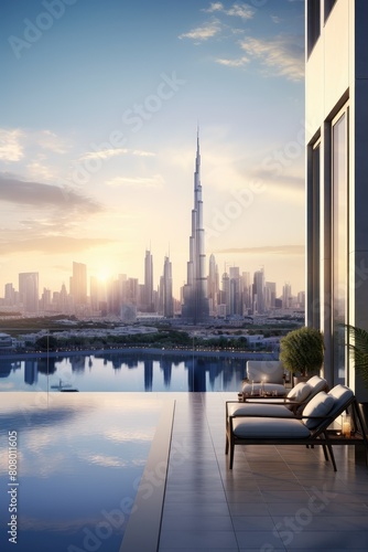 Luxury Balcony View of Downtown Skyscrapers at Sunset