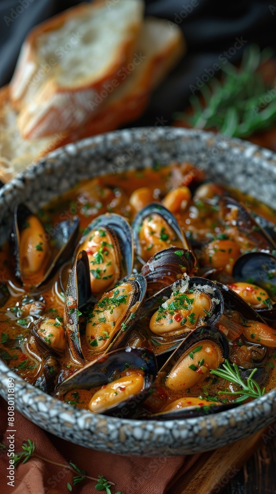 Fototapeta premium Mussels in white wine sauce, with garlic and herbs, baguette on the side.