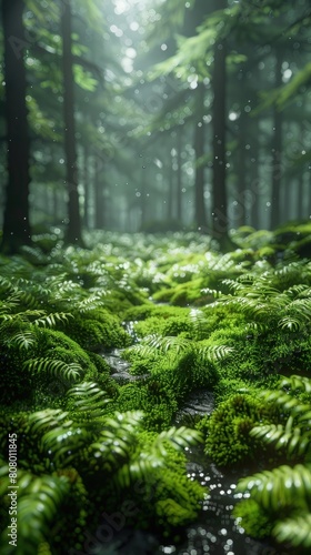 Moss-covered rainforest in the Pacific Northwest, ferns and fungi thriving in the damp.