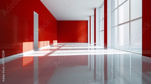 A long hallway with red walls and white flooring  AI