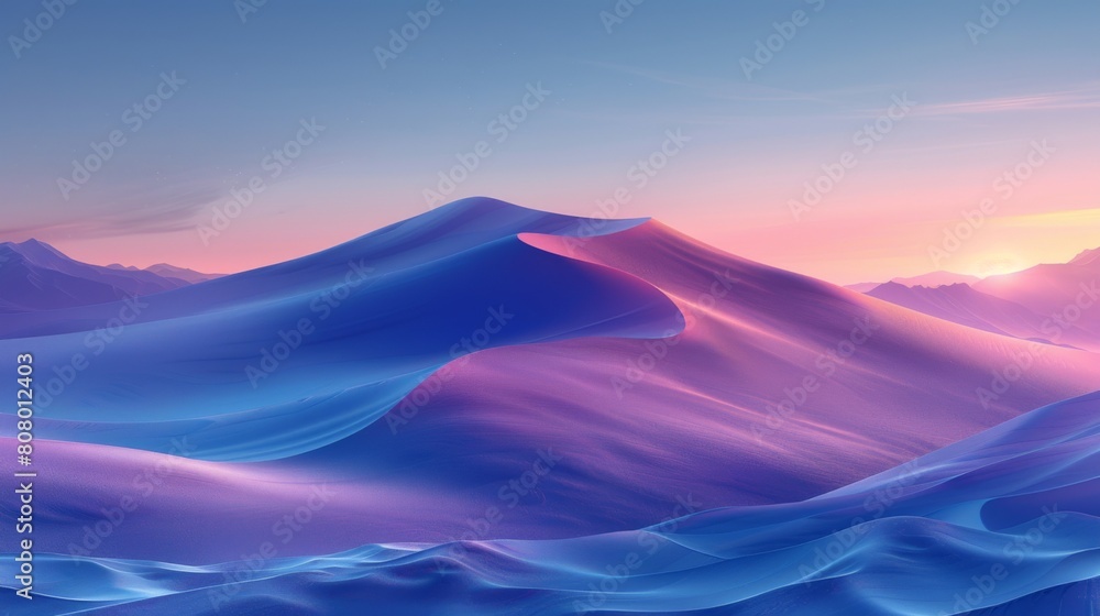 Minimalistic Abstract illustration of sand dunes and mountains in pastel blue, purple, lavender colors, foggy atmosphere depicting a fantasy landscape Minimalistic Abstract illustration of sand dunes and mountains in pastel blue, purple, lavender colors, foggy atmosphere depicting a fantasy landscape