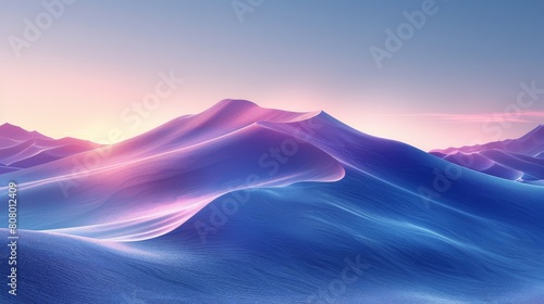 Minimalistic Abstract illustration of sand dunes and mountains in pastel blue, purple, lavender colors, foggy atmosphere depicting a fantasy landscape © XC Stock