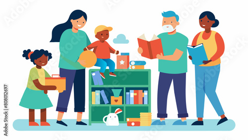 A community volunteer group runs a Lending Library for Sensory Tools where families can borrow equipment such as weighted blankets and fidget toys to. Vector illustration